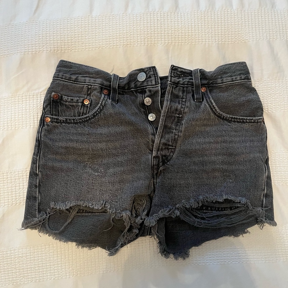 Levi's Washed Black Distressed Denim Cutoff Shorts